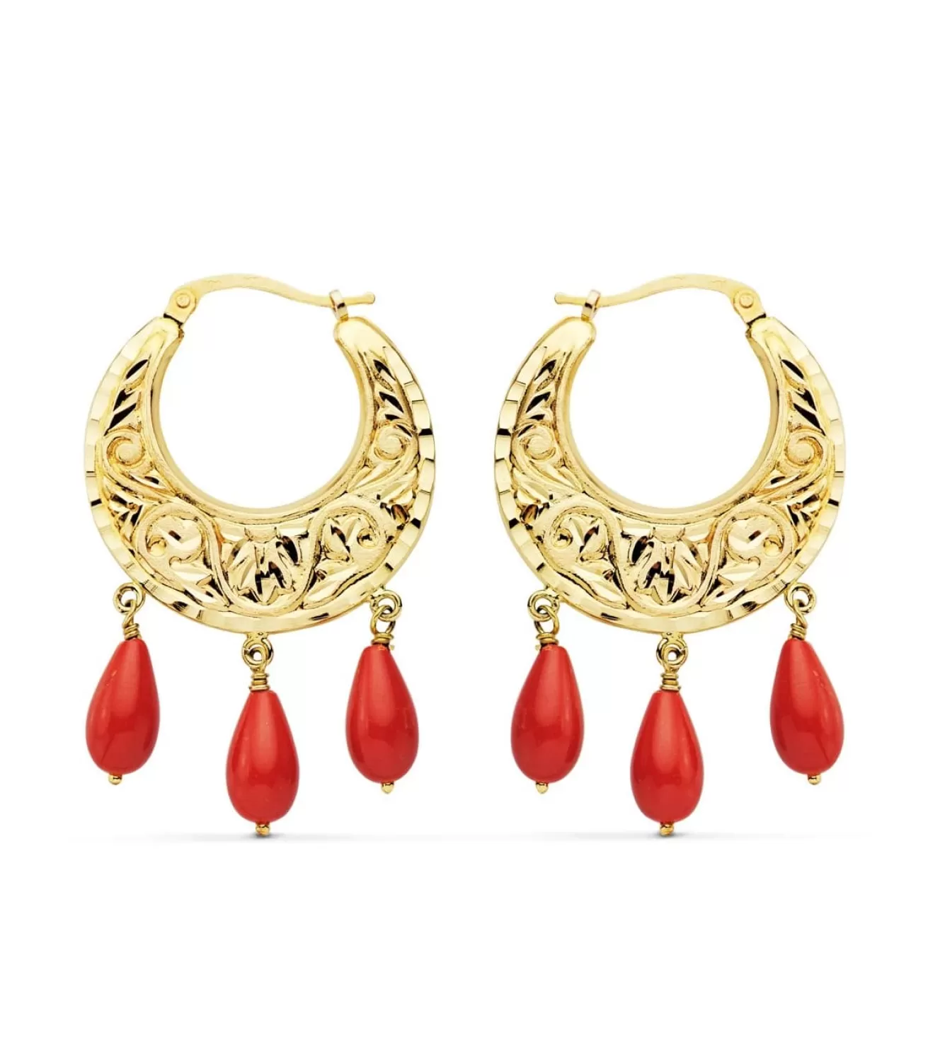 Aros Tallados Coralina Oro Amarillo 18 K 25 Mm<Alda Joyeros Best