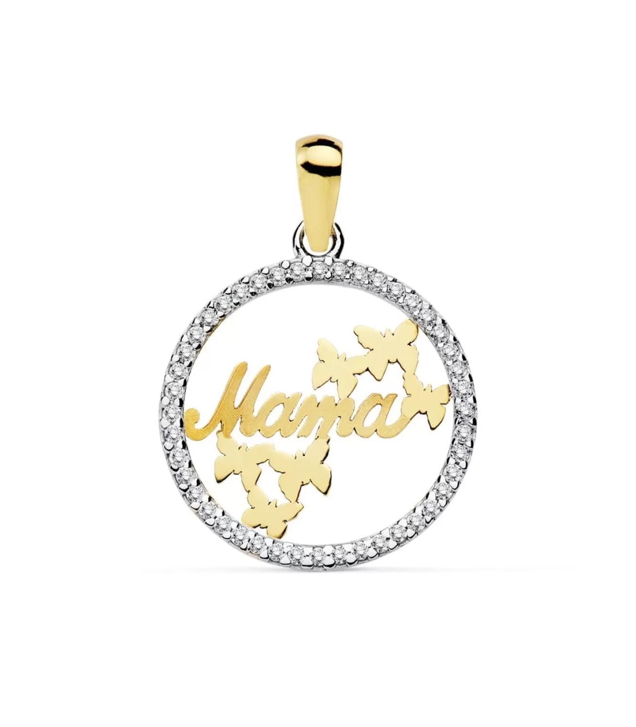 Colgante Mama Oro Bicolor 18K Circonitas Y Mariposas 16Mm<Alda Joyeros Online