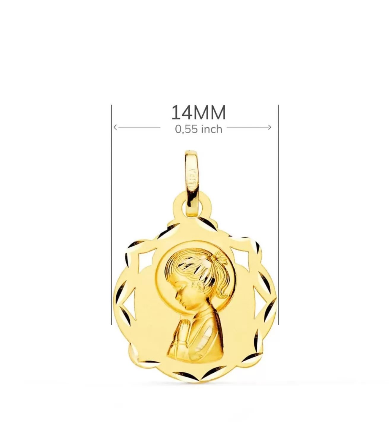 Medalla Calada 18K Virgen Niña Rezo 14Mm<Alda Joyeros Online