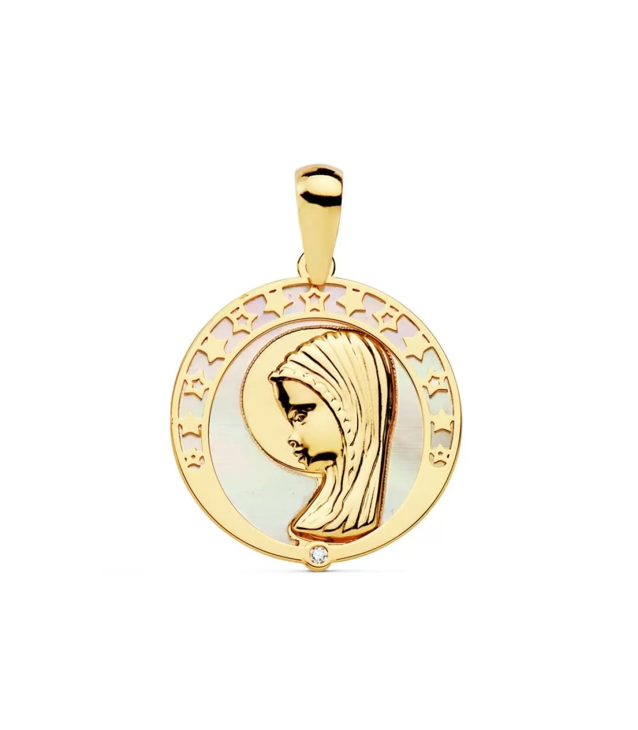 Medalla Comunion Oro 18K Virgen Niña Nacar Estrellas<Alda Joyeros Store