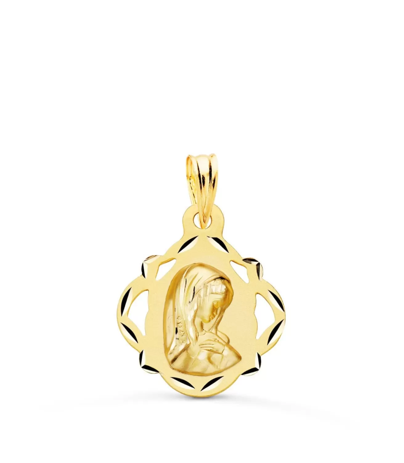 Medalla Virgen Niña Pandereta Calada Oro 18 K 16 Mm<Alda Joyeros Shop